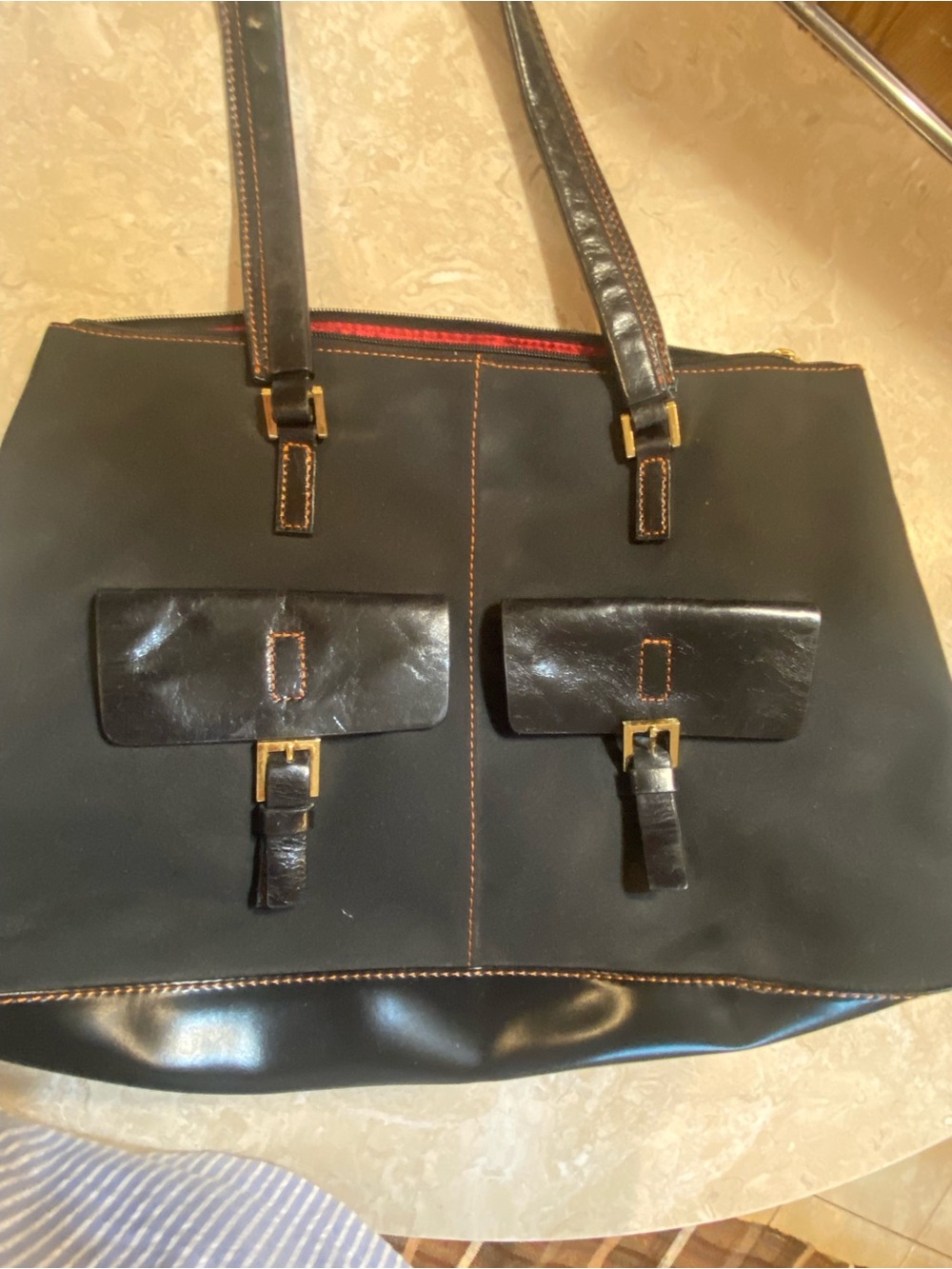 Maxx New York Black Tote with Brown Stitching and Gold Hardware